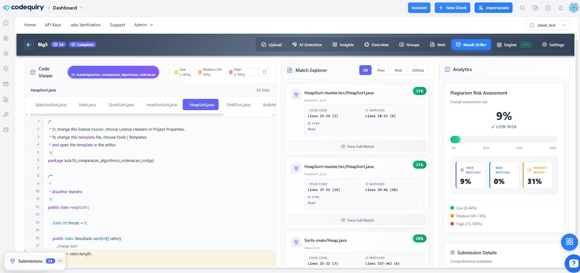 Codequiry's code plagiarism detection dashboard